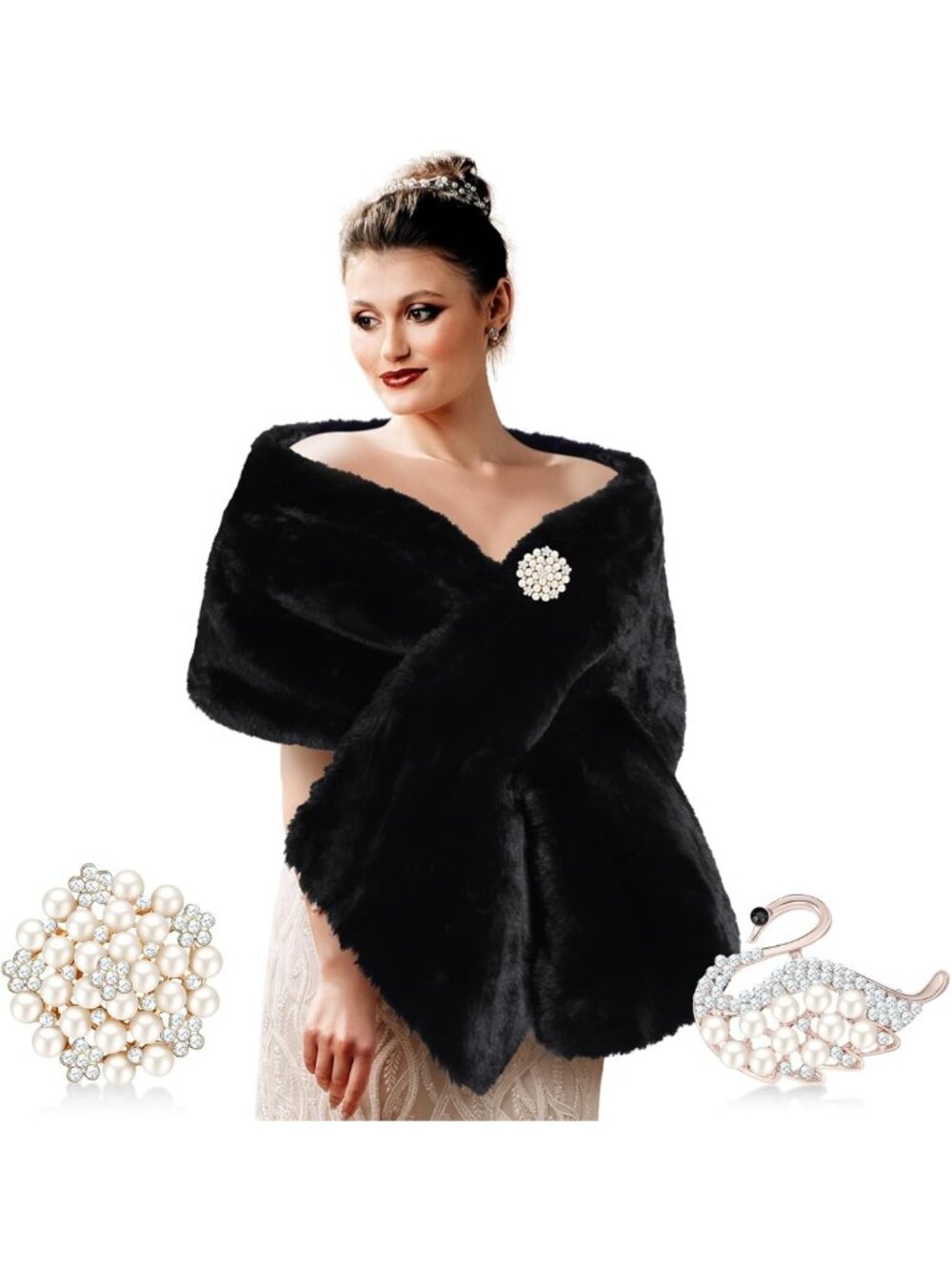 Elegant Faux Fur Bridal Shawl for Women with Rhinestone Brooches - Perfect for